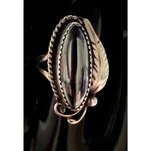 Navajo Sterling Hematite Feather and Stone Ring
